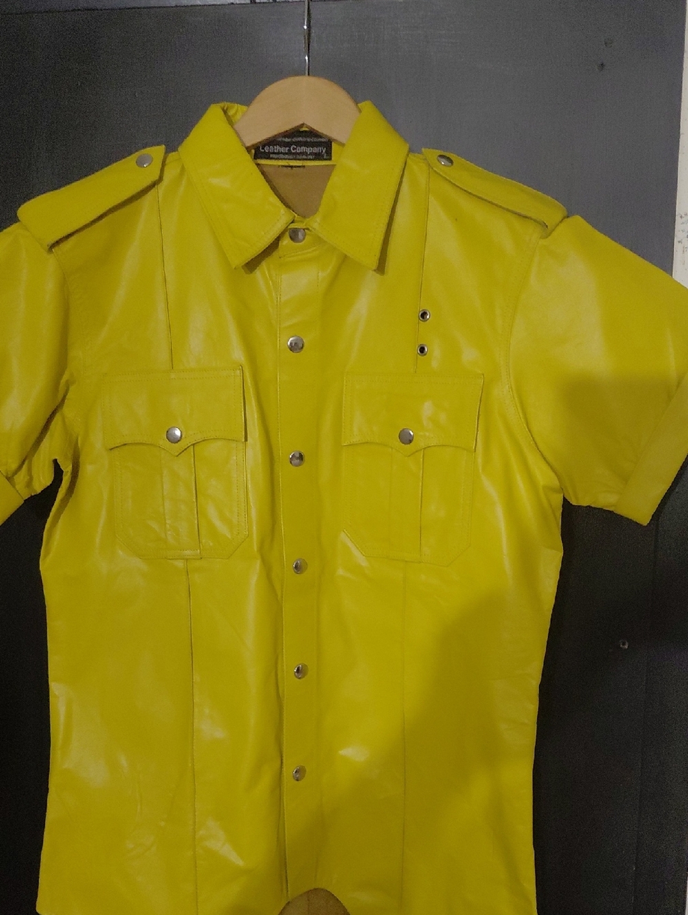 Yellow Short Sleeve  Leather Button Front Shirt